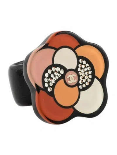 Pre-owned Chanel Strass & Resin Camellia Cocktail Ring In Black/clear/orange