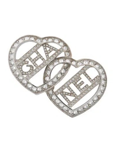 Pre-owned Chanel Strass Double Heart Pin Brooch In Transparent