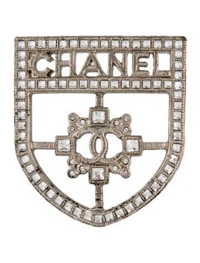 Pre-owned Chanel Strass Logo Shield Brooch In Clear