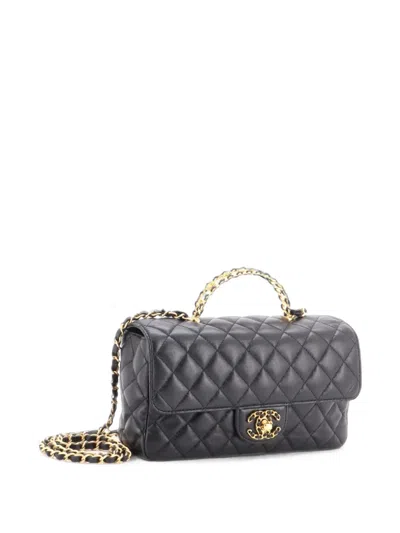 Pre-owned Chanel Strass On Top Logo Flap Bag Quilted Lambskin Small Satchel In Black