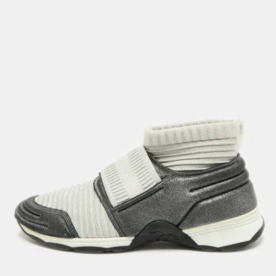 Pre-owned Chanel Stretch Spirit Size 38 Grey/black Stretch Fabric Slip On Sneakers In Gray