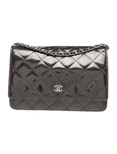 Pre-owned Chanel Striated Patent Wallet On Chain In Gray