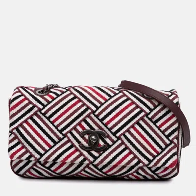 Pre-owned Chanel Stripe Flap Cc Canvas Bag In White