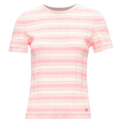 Pre-owned Chanel Stripe Logo Charm Short Sleeve Ribbed Sweater In Pink