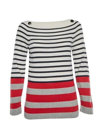 Pre-owned Chanel Striped Button Sweater In White