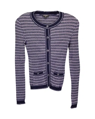 Pre-owned Chanel Striped Buttoned Cardigan In Navy Blue Cotton