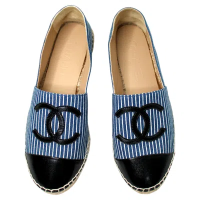 Pre-owned Chanel Striped Canvas & Patent Leather Coco Mark Espadrilles In Black