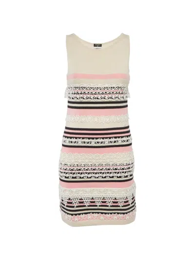 Pre-owned Chanel Striped Lace-insert Dress In Neutral
