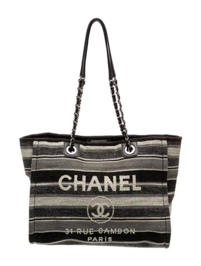 Pre-owned Chanel Striped Medium Deauville Tote In Black