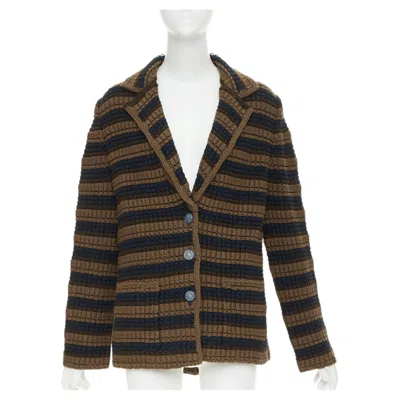 Pre-owned Chanel Striped Textured Knit Brown Navy Wool Cotton Jacket Fr36 S In Blue