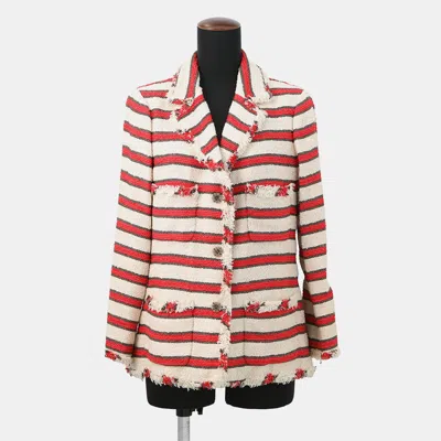 Pre-owned Chanel Striped Tweed Jacket Size 42 Ivory/red/brown In Multi