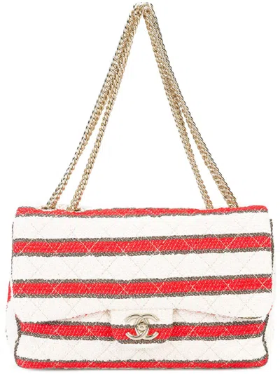 Pre-owned Chanel Striped Tweed Single Flap Bag In Red