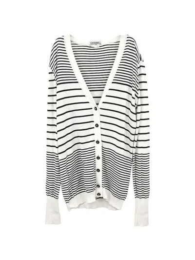 Pre-owned Chanel Striped V-neck Cardigan In White