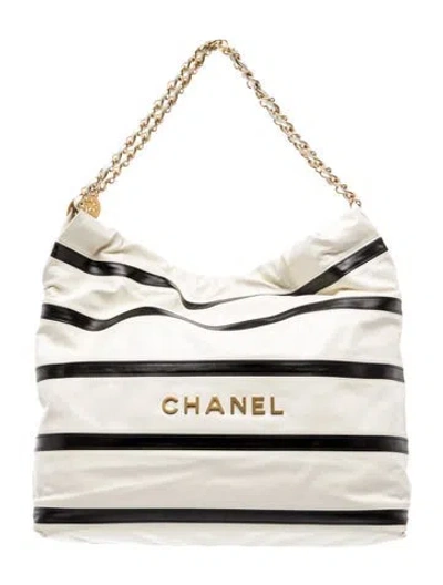 Pre-owned Chanel Stripped 22 Hobo In White