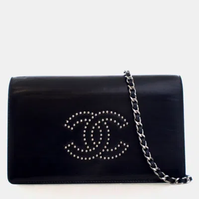 Pre-owned Chanel Studded Black Calfskin Cc Wallet On Chain (woc)