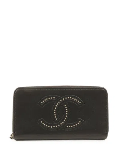 Pre-owned Chanel Studded Cc Zip-around Wallet In Black