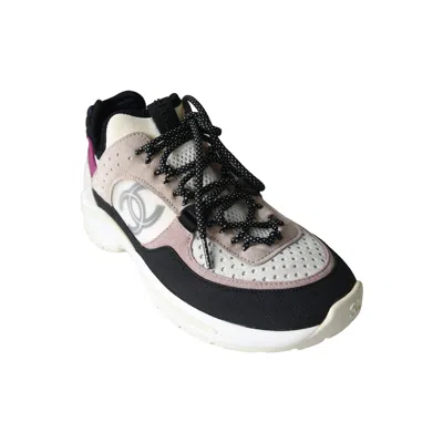 Pre-owned Chanel Suede Calfskin Mixed Fibers Cc Sneakers Grey Black Pink