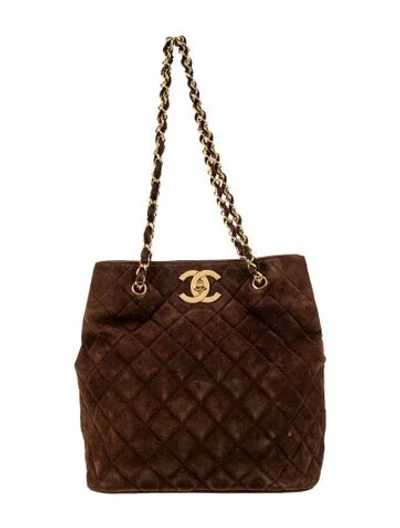 Pre-owned Chanel Suede Cc Quilted Tote In Brown