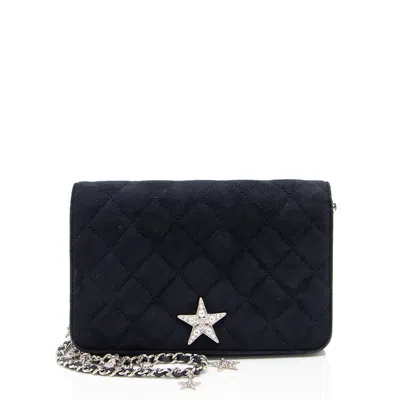 Pre-owned Chanel Suede Cocostellar Wallet On Chain In Blue