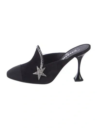 Pre-owned Chanel Suede Crystal Embellishments Mules W/ Tags In Black