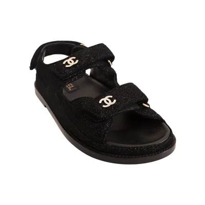 Pre-owned Chanel Suede Kidskin Sparkle Velcro Dad Sandal Black Silver