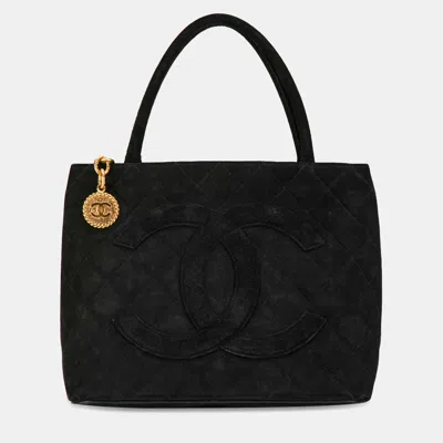 Pre-owned Chanel Suede Medallion Tote In Black