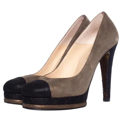 Pre-owned Chanel , Suede Platform Heels In Kaki With Black Toes