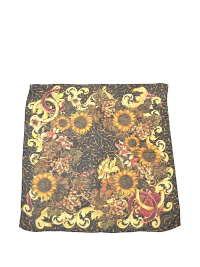 Pre-owned Chanel Sunflower-print Silk Scarf In Black