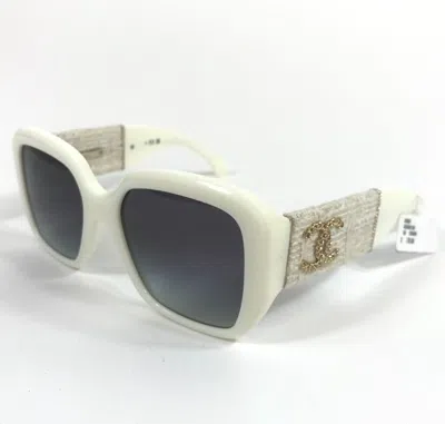 Pre-owned Chanel Sunglasses 5512-a C.1255/s6 White Tweed Gold Chain Asian Fit 55-19-140 In Gray