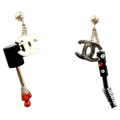 Pre-owned Chanel Super Rare Vintage Gold Plated Cc Nail Brush Mascara Piercing Earrings In Multi