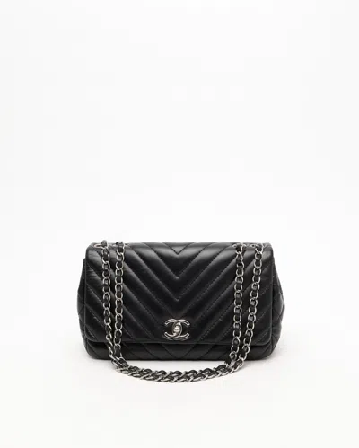 Pre-owned Chanel Surpique Chevron Flap Bag In Black