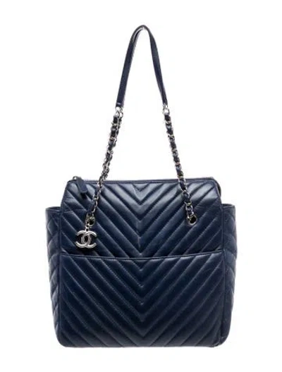 Pre-owned Chanel Surpique Chevron Small Tote In Blue