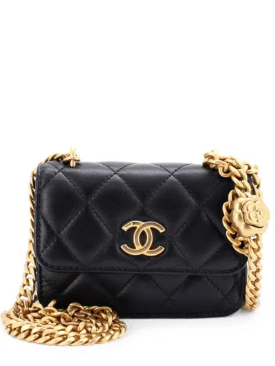Pre-owned Chanel Sweet Camellia Flap Clutch With Chain Quilted Lambskin Mini Crossbody Bag In Black