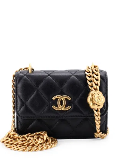 Pre-owned Chanel Sweet Camellia Flap Clutch With Chain Quilted Lambskin Mini Crossbody Bag In Black