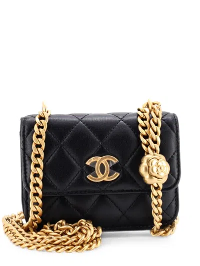 Pre-owned Chanel Sweet Camellia Flap Clutch With Chain Quilted Lambskin Mini Crossbody Bag In Black