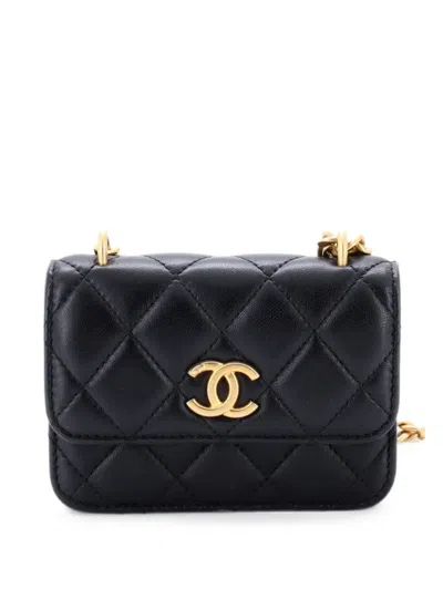 Pre-owned Chanel Sweet Camellia Flap Clutch With Chain Quilted Lambskin Mini Crossbody Bag In Black