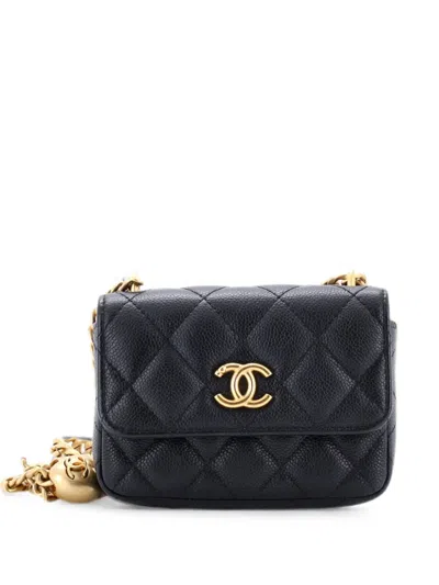Pre-owned Chanel Sweet Heart Card Holder With Chain Quilted Caviar Clutch Bag In Black