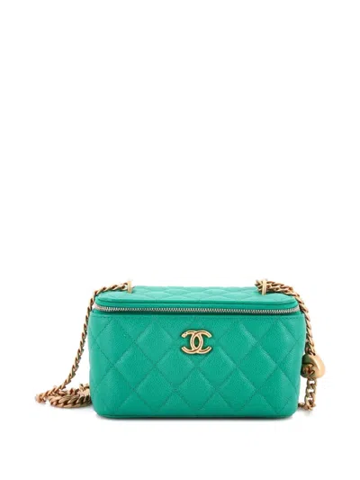 Pre-owned Chanel Sweet Heart Vanity Case With Chain Quilted Caviar Small Pouch In Green