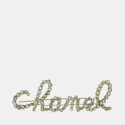 Pre-owned Chanel Swirling Pearls Crystal Gold Tone Metal Hair Clip
