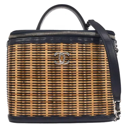 Pre-owned Chanel Take Away Vanity Case Rattan And Calfskin Navy Wicker Clutche & Pouche Bag () In Blue
