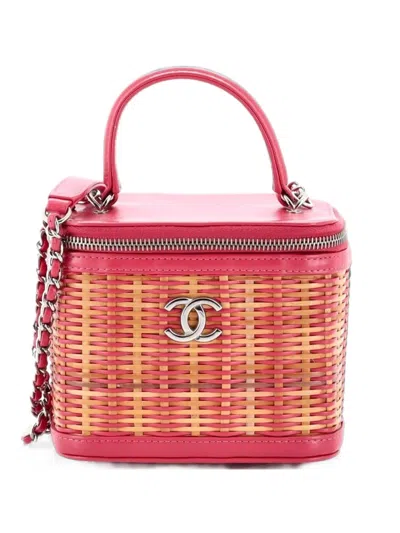 Pre-owned Chanel Take Away Vanity Case Rattan And Calfskin Small Satchel In Neutrals