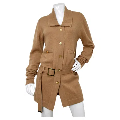Pre-owned Chanel Tan Knit Belted Cardigan In Brown