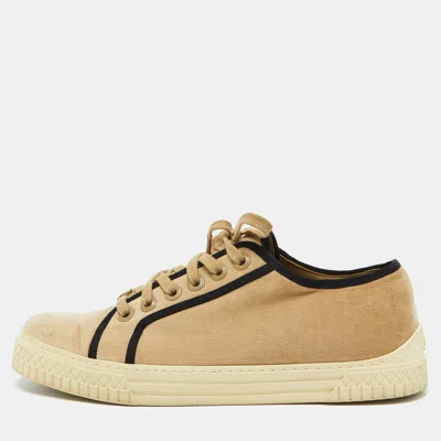 Pre-owned Chanel Tan/black Velvet Cc Low Top Trainers Size 38.5