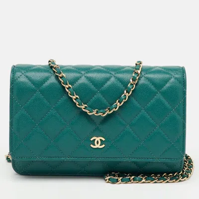 Pre-owned Chanel Teal Blue Quilted Caviar Leather Classic Wallet On Chain