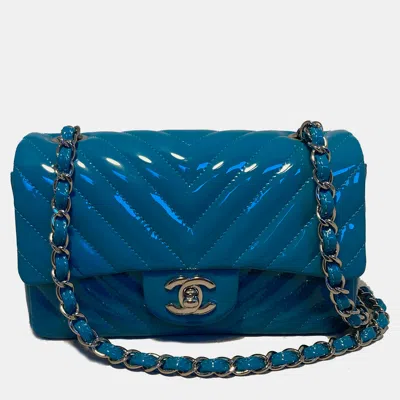 Pre-owned Chanel Teal Chevron Quilted Patent Leather Mini Classic Flap In Blue