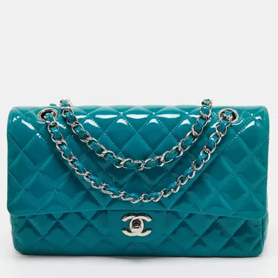 Pre-owned Chanel Teal Quilted Patent Leather Medium Classic Double Flap Bag In Blue