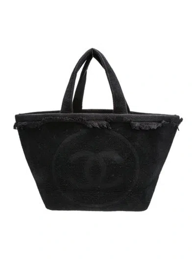 Pre-owned Chanel Terry Cloth Cc Beach Tote In Black