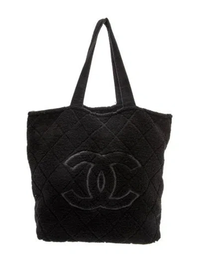 Pre-owned Chanel Terry Cloth Cc Beach Tote In Black