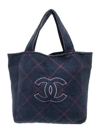 Pre-owned Chanel Terry Cloth Cc Beach Tote In Blue