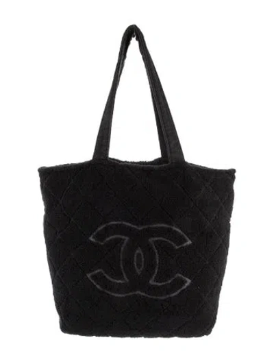 Pre-owned Chanel Terry Cloth Cc Beach Towel Tote In Black